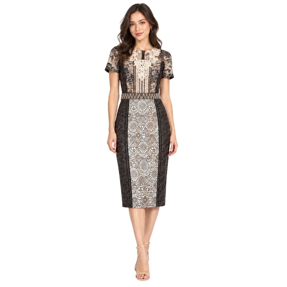 Cocktail Party Lace Chains Beguile by Byron Lars Sequin Sheath Dress 2 Black Tan